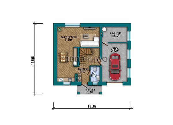 Проект дома с мансардным этажом и большим гаражом для одного автомобиля S2-176 (374-176-1М)