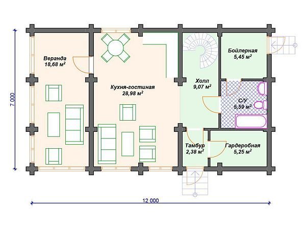 Проект деревянного дома из бревна 7 на 12 м с 3 спальнями S4-134 (ДО-107)