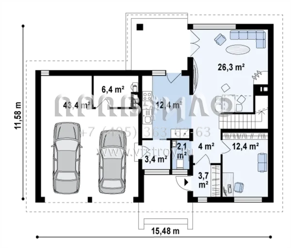 Готовый проект двухэтажного дома с гаражом на два автомобиля S3-186-7 (Zx24 GL2)