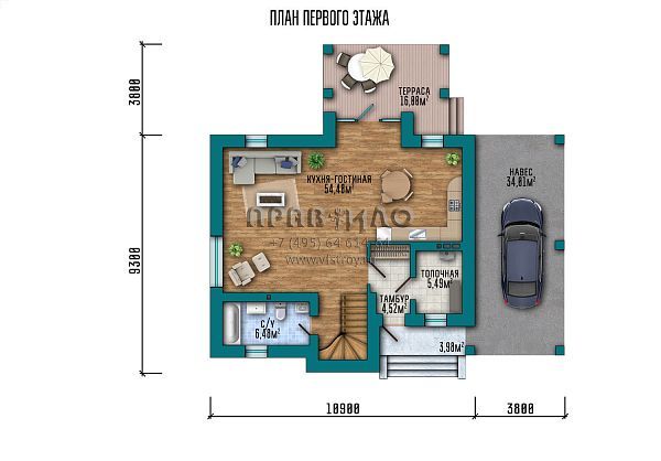Проект красивого одноэтажного дома с мансардным уровнем, балконом над входной дверью, навесом для автомобиля и террасой S2-148 (046-148-1М)