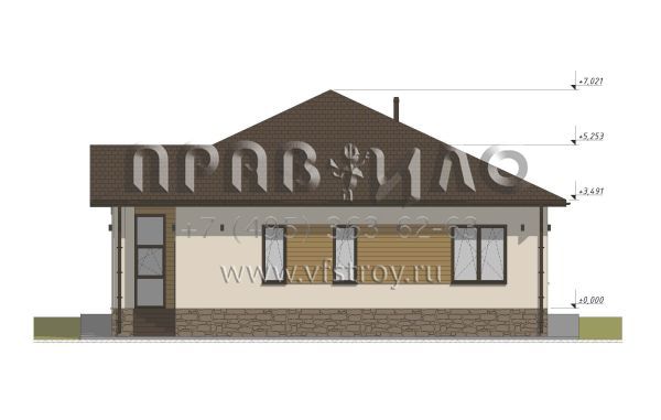 Проект одноэтажного дома со вторым светом для неровного участка S-152