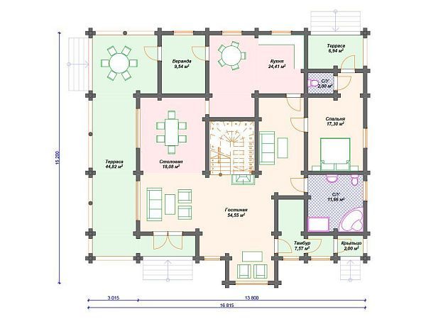 Проект деревянного дома из бревна 14 на 15 м с мансардой S4-311 (ДО-068)
