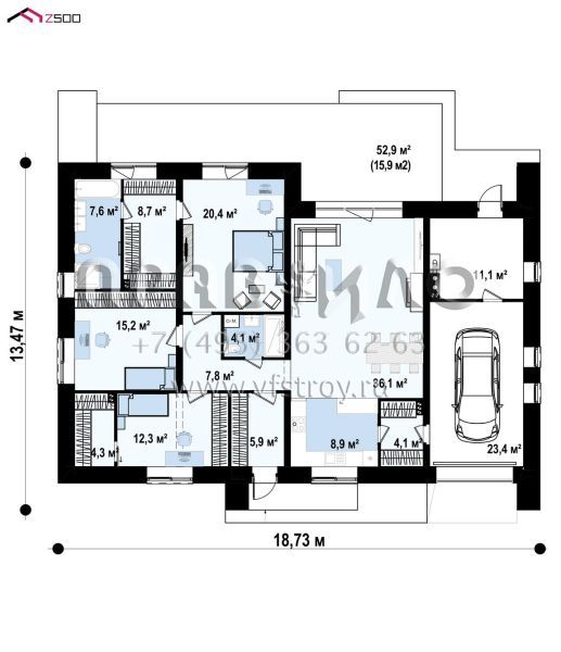 Проект комфортабельного одноэтажного четырехкомнатного дома с гаражом  S3-170-9(z387 k v1)