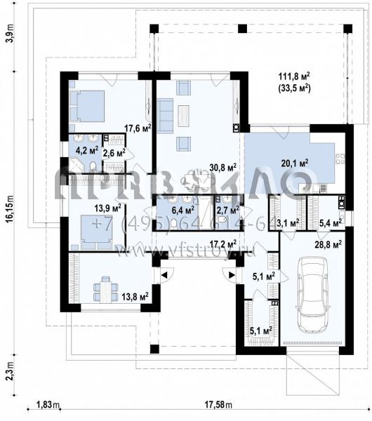 Проект просторного одноэтажного дома с гаражом на один автомобиль S3-170-4 (Z441)