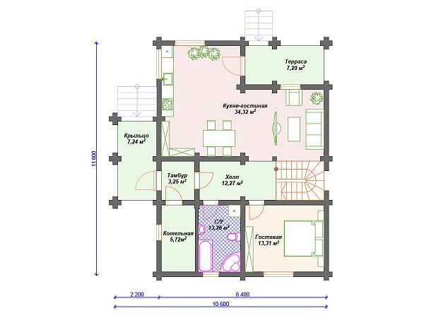 Проект деревянного дома из бревна 8 на 11 м с мансардой и террасой S4-176 (ДО-011)