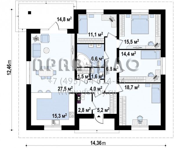 Проект классического одноэтажного дома с четырьмя спальнями S3-127-6 (Z67 A)