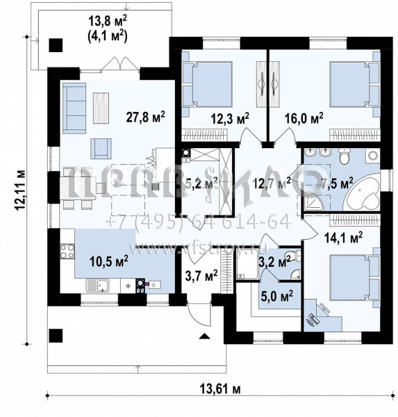 Проект современного одноэтажного дома с тремя спальными комнатами S3-122-7 (Zz230 v1)
