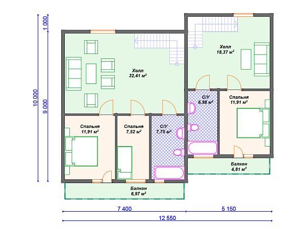 Проект деревянного дома с 3 спальнями S4-226 (ДС-061)