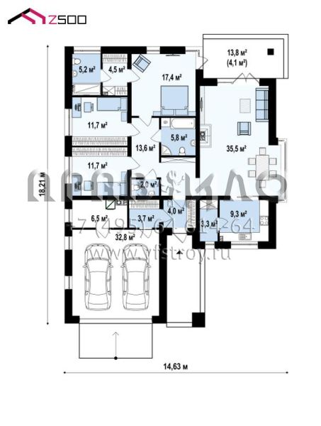 Проект современного одноэтажного дома с гаражом на два автомобиля и камином S3-167-9 (z200 v1)