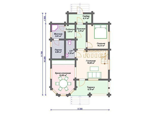 Проект деревянного дома из бревна 8 на 12 м с сауной S4-144 (ДО-054)