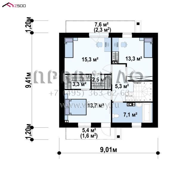 Проект современного двухэтажного дома с гостиной и четырьмя спальнями S3-123-8 (z372 +)