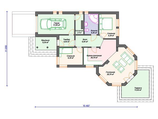Проект одноэтажного дома с гаражом S4-118 (К-135)