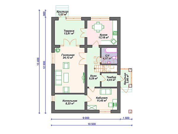 Проект дома с 3 спальнями и террасой S4-178 (К-363)