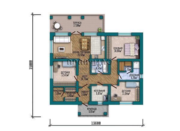 Проект одноэтажного дома с классической отделкой облицовочным кирпичом S2-122 (321-122-1)