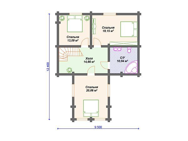 Проект деревянного дома из бревна 12 на 13 м с 3 спальнями S4-220 (ДО-017)