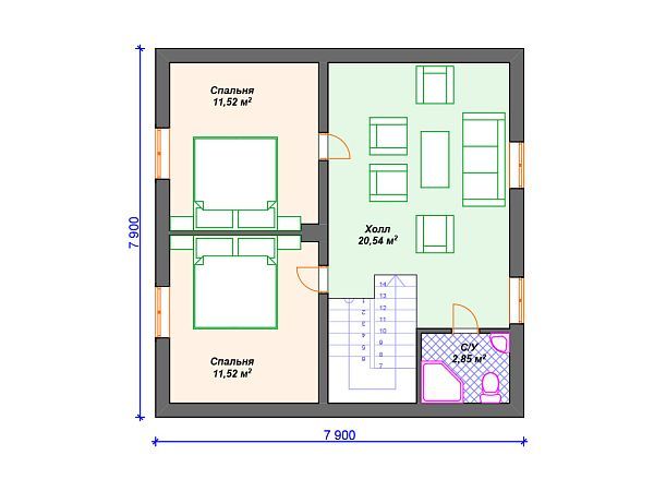 Проект каркасного дома с мансардой и 3 спальнями S4-99 (И-055)