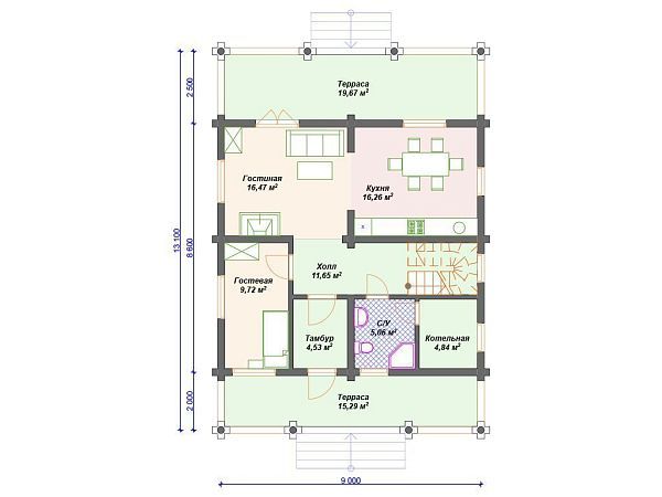 Проект деревянного дома из бревна 9 на 9 м с 3 спальнями S4-168 (ДО-130)