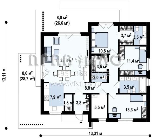 Проект четырехкомнатного одноэтажного дома с летней террасой S3-116-4 (Z462)