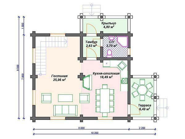 Проект деревянного дома из бревна 7 на 8 м с мансардой S4-113 (ДО-102)