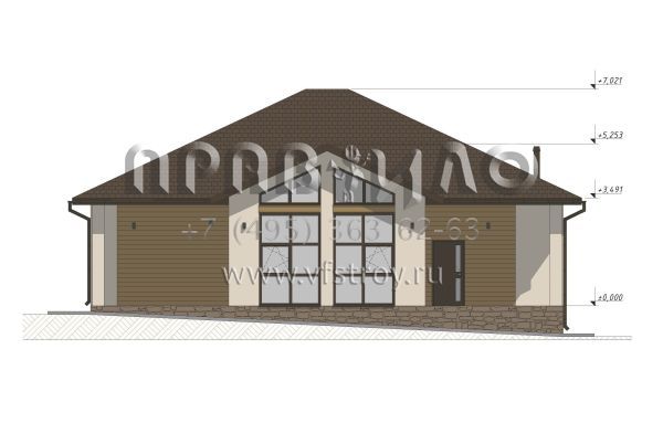 Проект одноэтажного дома со вторым светом для неровного участка S-152