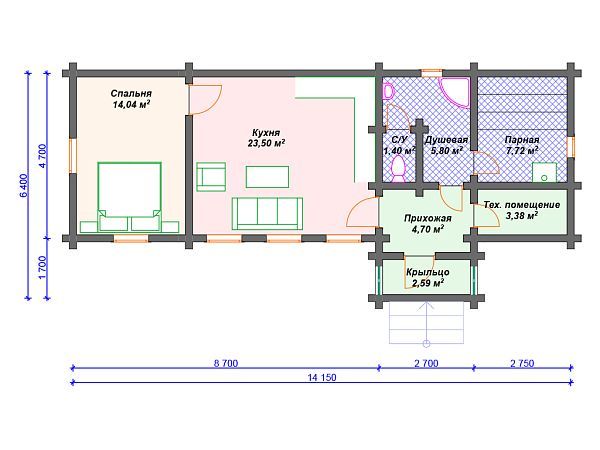 Проект одноэтажного дома для узкого участка с сауной S4-63 (ДС-048)