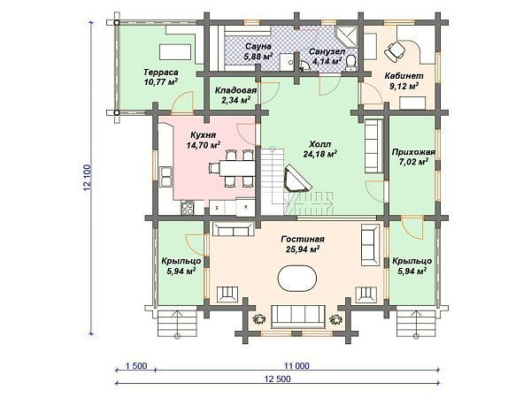 Проект деревянного дома из бревна 12 на 12 м с 3 спальнями и сауной S4-181 (ДО-087)