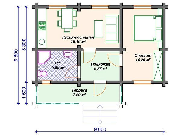 Проект деревянного дома из бревна 7 на 9 м S4-50 (ДО-155)