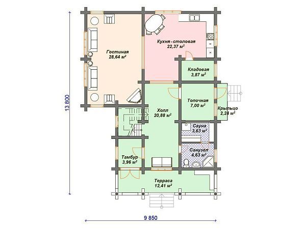 Проект дома из бревна с сауной и мансардой S4-182 (ДО-082)