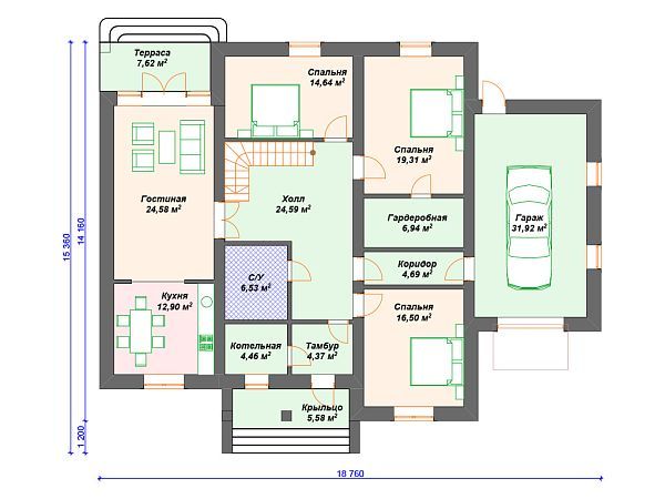 Проект одноэтажного каменного дома с гаражом S4-185 (К-209)