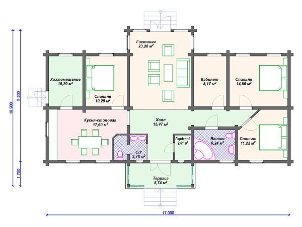 Проект одноэтажного дома для узкого участка с 3 спальнями S4-132 (ДС-075)
