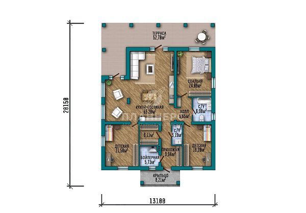 Проект большого одноэтажного дома со вторым светом и витражным остеклением  S2-225 (433-226-1)