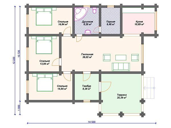 Проект деревянного дома из бревна 12 на 14 м с 3 спальнями S4-134 (ДО-059)