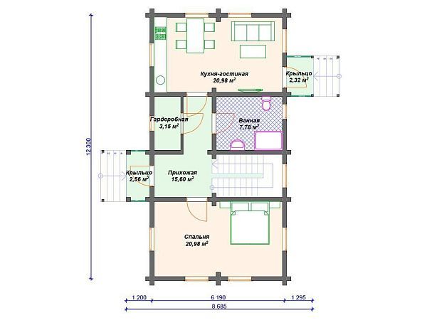 Проект деревянного дома из бревна для узкого участка с 3 спальнями S4-151 (ДО-162)