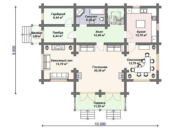 Проект деревянного дома из бревна 10 на 13 м с террасой S4-233 (ДО-074)