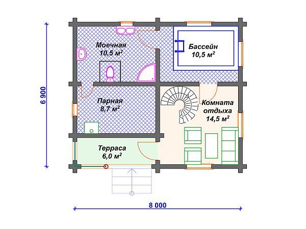 Проект деревянной бани с бассейном SB4-86 (Б-002)
