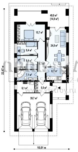 Проект одноэтажного дома для вытянутых в длину участков S3-134-6 (Z327)