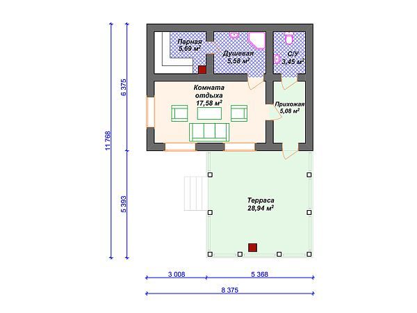 Проект бани из газобетона с террасой SB4-66 (Б-078)