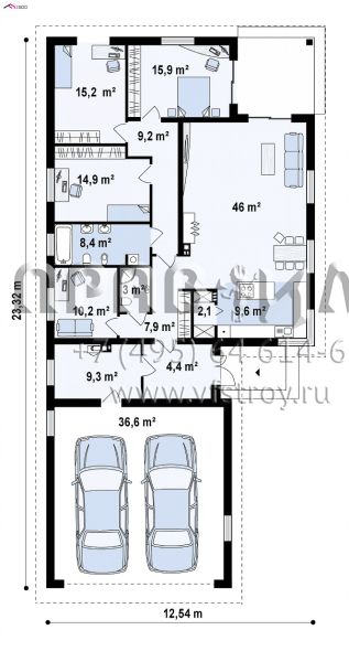 Проект одноэтажного дома с пятью комнатами и гаражом на два автомобиля S3-193-3 (Z195 GF2 HB)