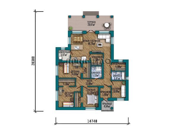 Проект одноэтажного коттеджа с вторым светом в зоне кухни-гостиной S2-171 (313-171-1)