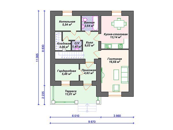 Проект дома с 2 спальнями и террасой S4-127 (К-350)