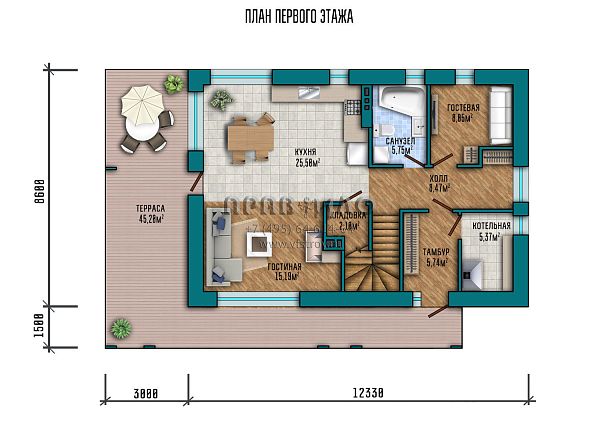 Проект дома в стиле хай-тек с большой террасой и совмещенной кухней-гостиной S2-163 (058-163-2)