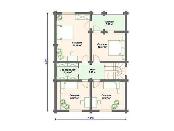 Проект деревянного дома из бревна 8 на 11 м с мансардой и террасой S4-176 (ДО-011)