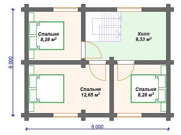 Проект деревянного дома 6 на 8 м с 3 спальнями S4-80 (ДО-057)