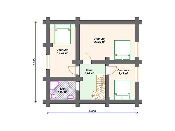 Проект деревянного дома из бревна 9 на 11 м с 3 спальнями S4-136 (ДО-070)
