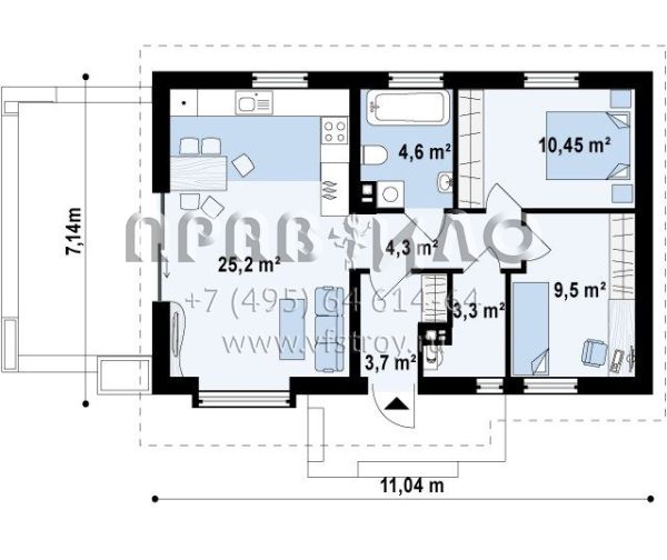 Проект маленького дачного дома с гостиной и двумя спальнями S3-61-2 (Z139 v2)