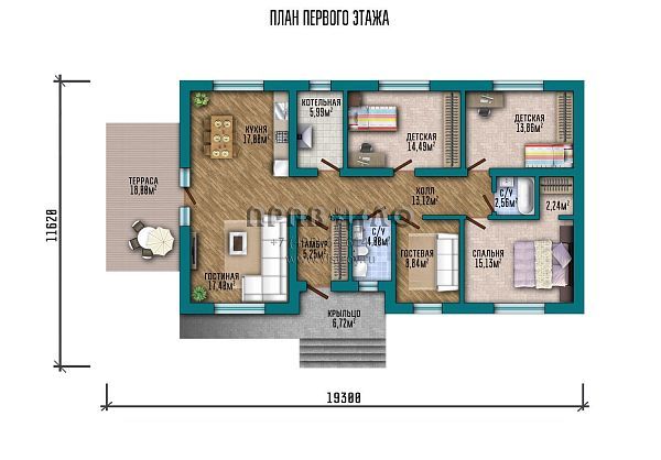 Проект одноэтажного дома с вторым светом и современной комбинированной отделкой S2-123 (277-123-1)