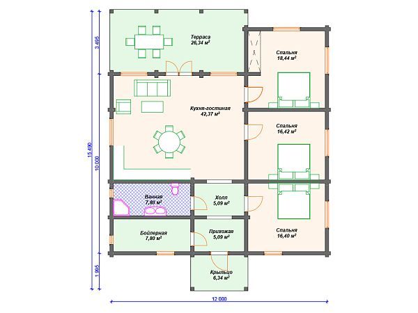 Проект одноэтажного дома с 3 спальнями S4-118 (ДС-073)