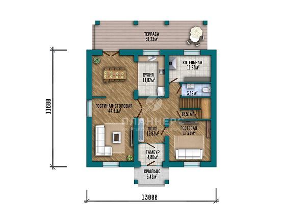 Проект с террасой и фасадом из кирпича классического цвета S2-229 (482-229-2)