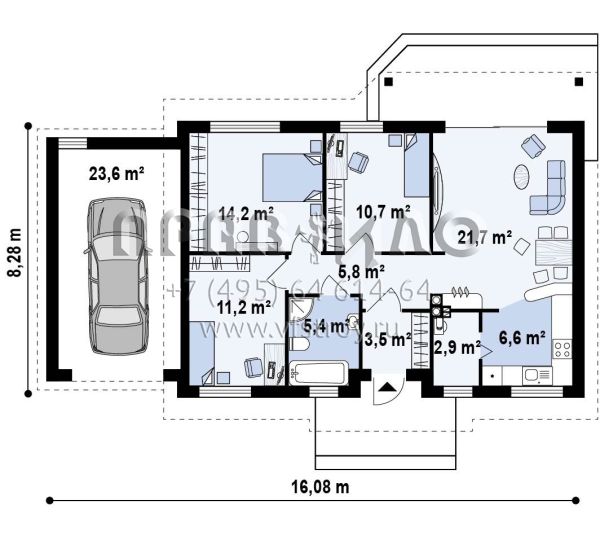 Проект одноэтажного дома для небольшой семьи S3-106-2 (Z7 LGL)