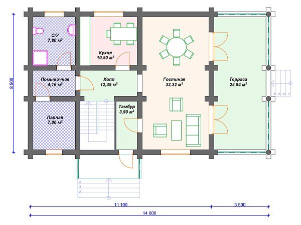 Проект деревянного дома из бревна 8 на 11 м с сауной S4-147 (ДО-046)